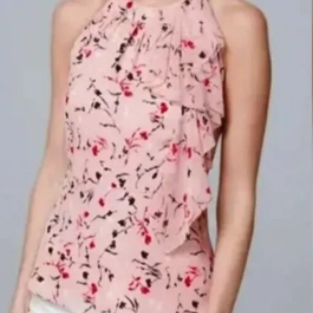 White House Black Market Pink Floral Ruffle Sleeveless Blouse Size 10